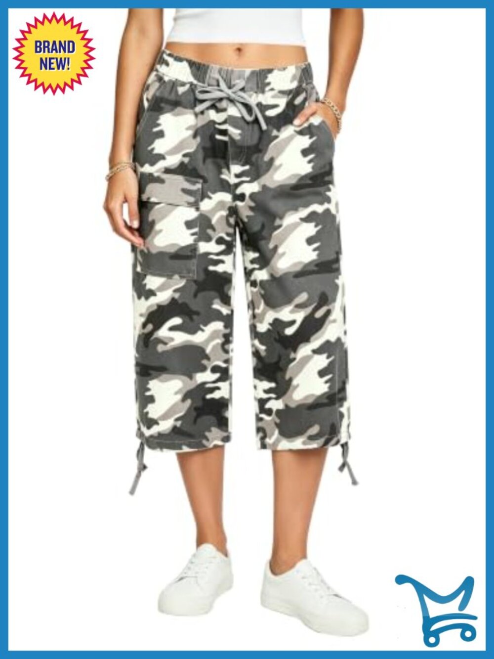 Camo Cargo Capri Pants High Waisted Drawstring 100% Cotton Y2k Jeans